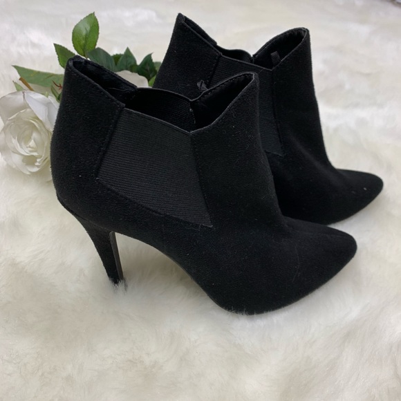 Black Faux Suede Pointed Toe Ankle Booties with Heel